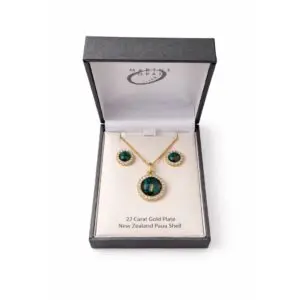 Paua Shell Necklace & Earrings Gold Plated Circle-1515